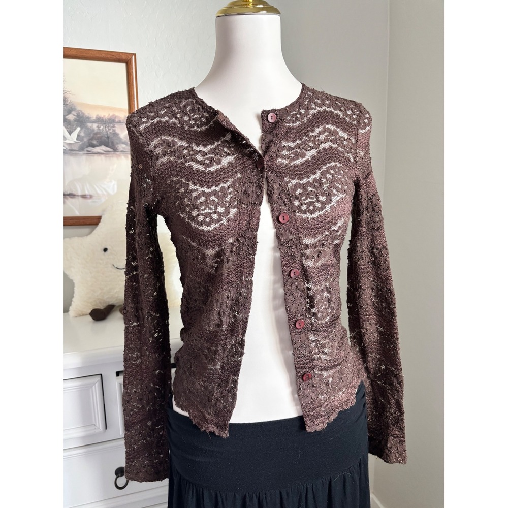 Brown Sheer Lace Cardigan Y2K Fairycore Grunge Boho Button Down Top Eyeshadow